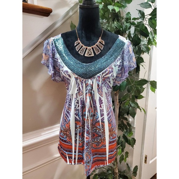 One World Women's Multicolor Polyester V-Neck Short Sleeve Casual Top Blouse L - Picture 1 of 11